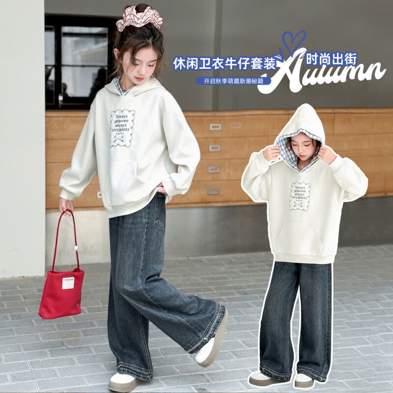 女童卫衣牛仔裤套装春季新款儿童POLO衫上衣两件套女孩阔腿裤童装