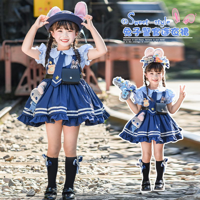 女童套装疯狂动物城朱迪连衣裙演出服夏季款女童兔子警官cos服装