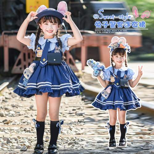 女童套装疯狂动物城朱迪连衣裙演出服夏季款女童兔子警官cos服装