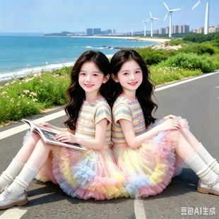 女童T恤蓬蓬裙夏季新款韩版女孩短袖裙子两件套中大童套装裙童装
