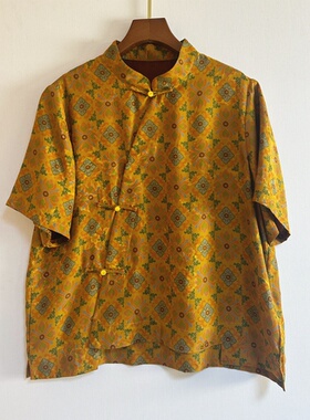 四叶草短袖老花超美 香云纱 一百桑蚕丝短袖 黄色宝相花