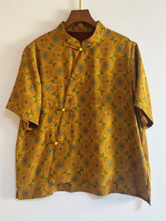 一百桑蚕丝短袖 香云纱 黄色宝相花 老花超美 四叶草短袖