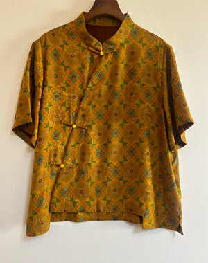 宝相花短袖 一百桑蚕丝 花罗低胚 透气 黄色香云纱短袖