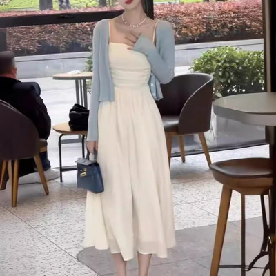 法式小个子白色一字肩吊带连衣裙子女装2025夏季新款气质长裙套装
