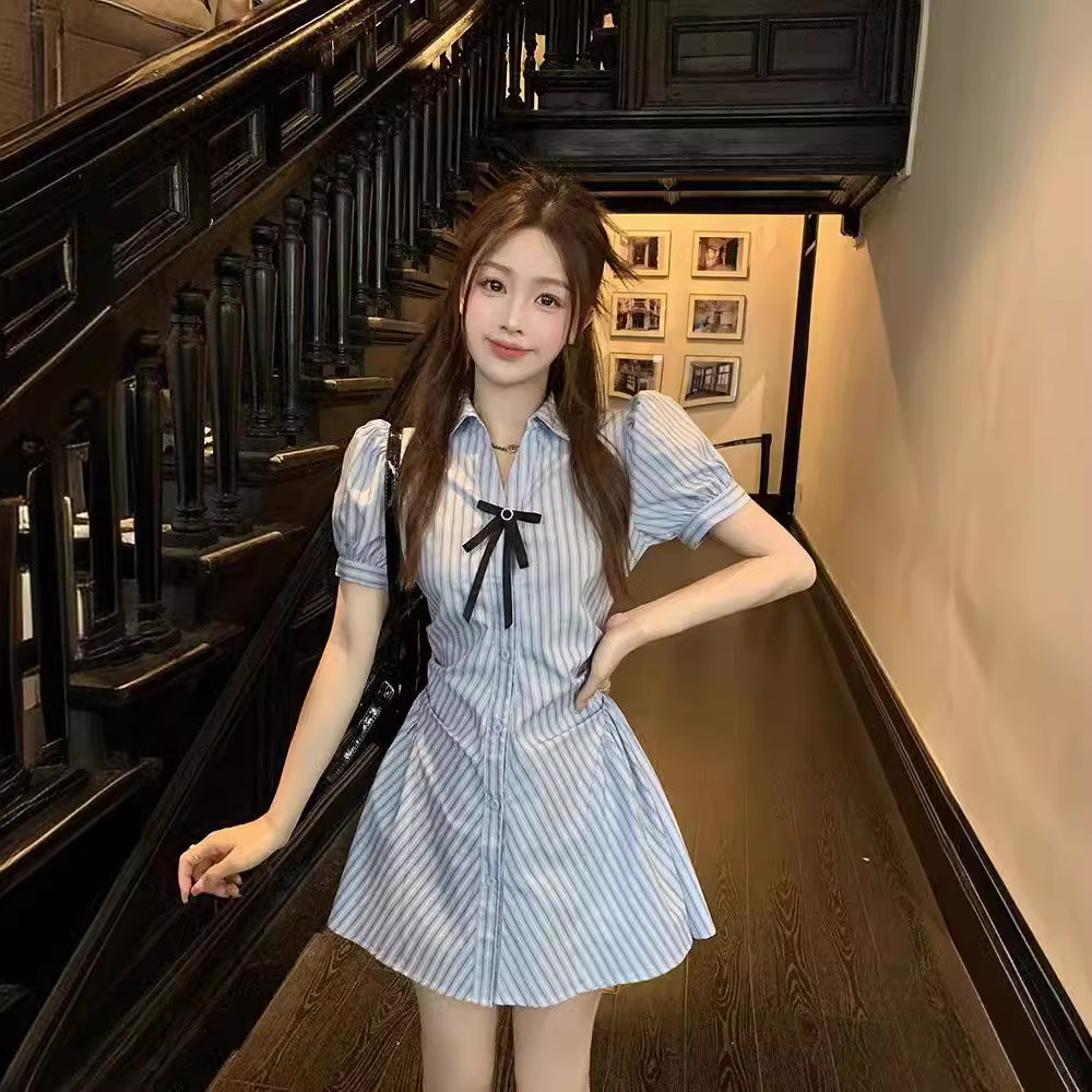 学院风套装收腰显瘦裙子大码胖mm条纹衬衫连衣裙女春夏短裤两件套