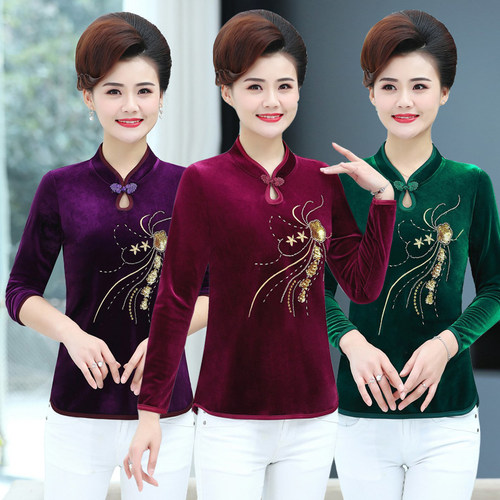 中老年风新款丝绒内搭绣花旗袍