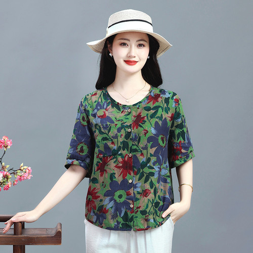2025夏新款棉麻圆领印花小衫妈妈女真开衫宽松大码文艺t恤薄上衣