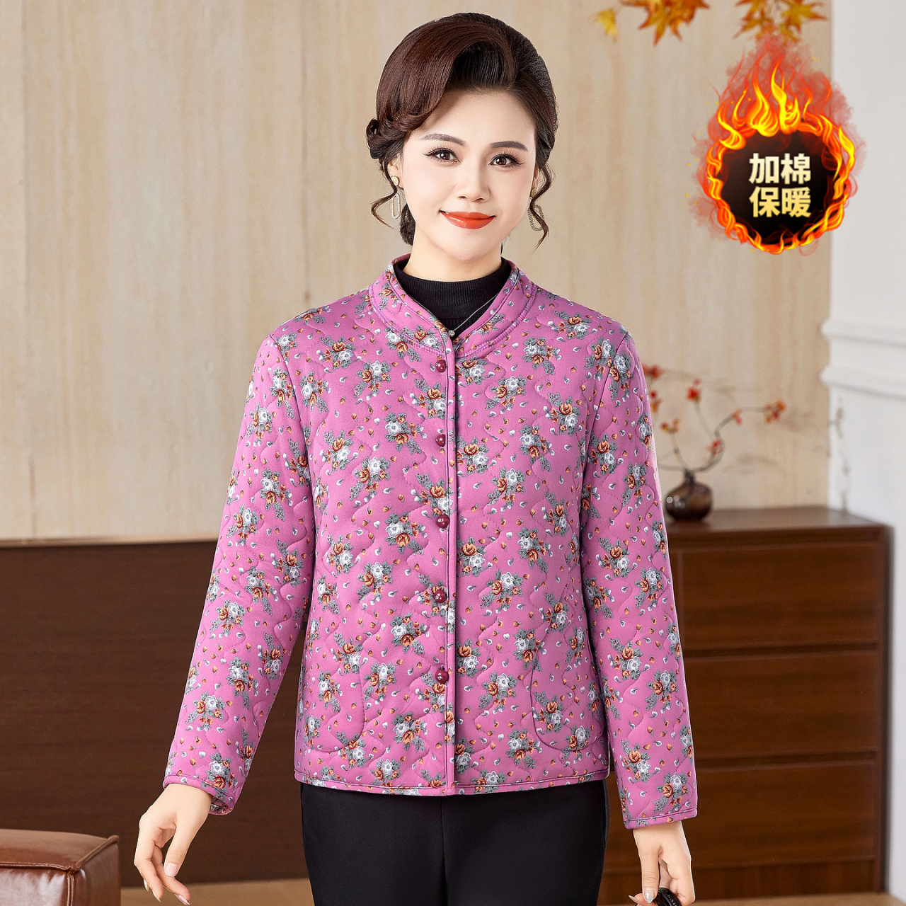 轻便软糯夹棉加厚棉服妈妈外套