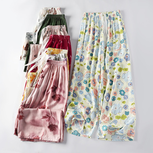 松紧腰花色女裤 45支人棉阔腿裤 凉感居家可外穿休闲棉绸九分裤 薄款