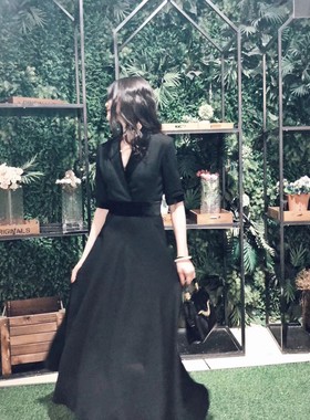 pepperann 私人定制 丝绒拼接黑色高腰不规则大裙摆礼服裙
