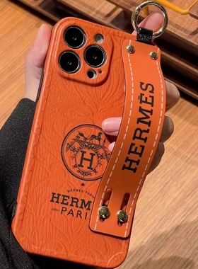 老花大牌橙色适用苹果15手机壳奢侈品iphone16promax高级腕带支架14pro全包防摔13高档12小众明星同款官方潮