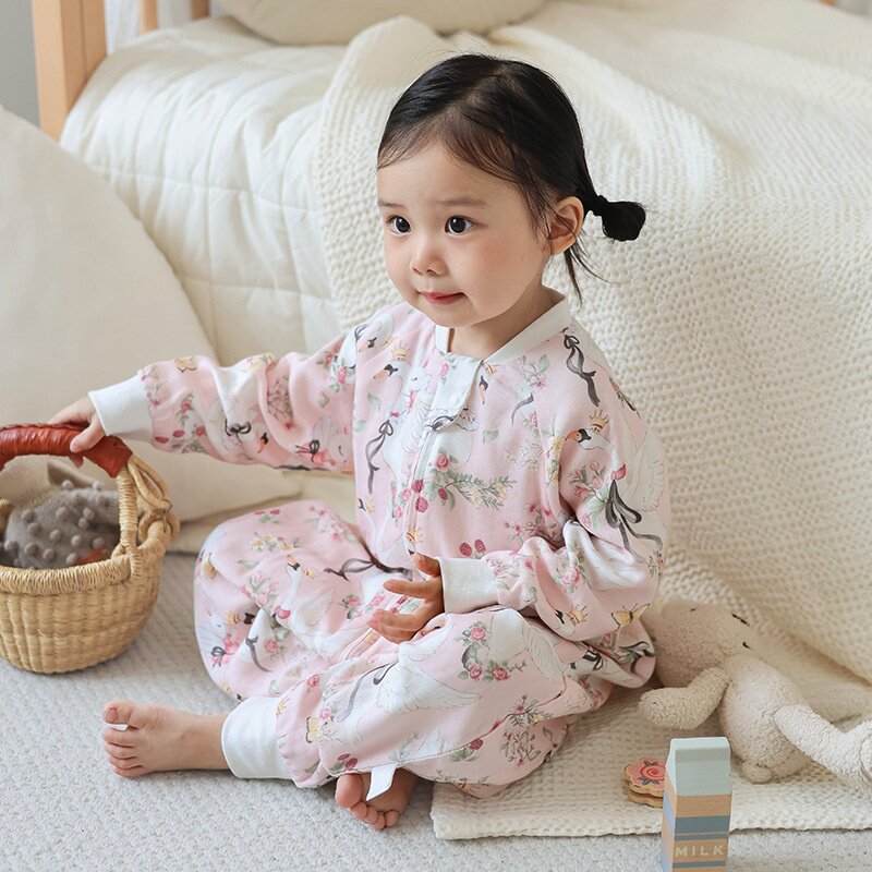 四层六层竹棉纱布睡衣卡通分腿爬服秋冬婴儿宝宝防踢被子儿童睡袋