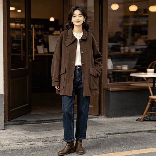 XSFZ722 新款时尚韩版小翻领羊毛羊绒混纺女士大衣