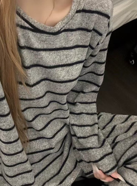 德绒韩系简约灰色条纹睡衣女秋冬季2025年新保暖可外穿家居服套装