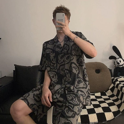 睡衣男冰丝短袖短裤青少年男套装