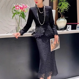 女人好闺蜜加厚法式 外套配半身裙两件套 气质花边蕾丝收腰套装 长袖