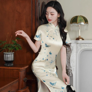 女人好闺蜜桑蚕丝真丝旗袍白色素雅高级感短袖连衣裙改良年轻