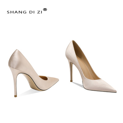 女人好闺蜜绸缎高跟鞋女新款尖头细跟缎面浅口裸色职业百搭单鞋