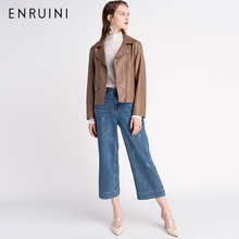 翻领仿皮拉链机车夹克外套 新品 恩瑞妮皮衣女外套短款 2019秋季