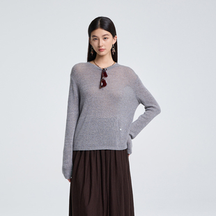 恩瑞妮极简风圆领套头针织衫女长袖灰色毛衣慵懒风上衣2026年春新