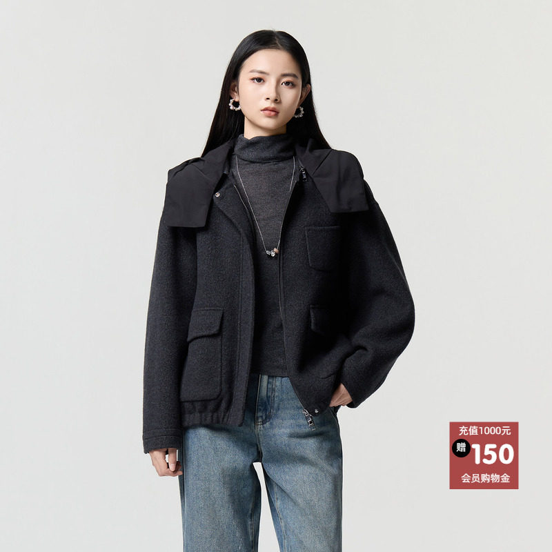 恩瑞妮老钱风短款毛呢外套女连帽拉链宽松黑色大衣2026年冬季新款