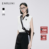 女短袖 恩瑞妮专柜同款 上衣 翻领黑白拼接无袖 针织衫 2025夏季 新款
