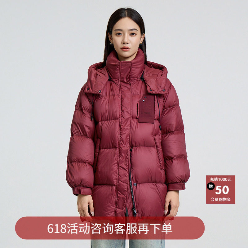 恩瑞妮廓形连帽中长款羽绒服女加厚保暖红色外套2025冬季新款