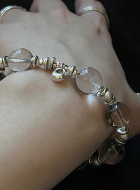 浮光砂天然巴西老矿白水晶碎银古法925手工银钱袋手串单圈气质女