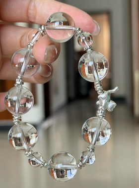 双A天然白水晶手串纯银小猫咪碎银手饰ins冰透母亲节礼物手链女款