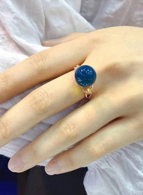 多米尼加净水无杂蓝珀戒指5A琥珀蜜蜡圆珠S925银镀玫瑰金活口指环