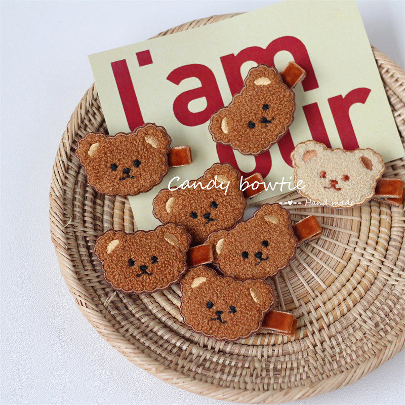 Candy bowtie 手工 可爱刺绣绒绒熊宝宝发夹儿童边夹卡通头饰发卡