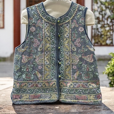 云禾锦2026春季新款国风复古女新中式高级感牛仔刺绣马甲上衣外套