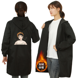 女士罩衣冬天加绒加厚时尚家用厨房拉链围裙长袖防水男外套工作服