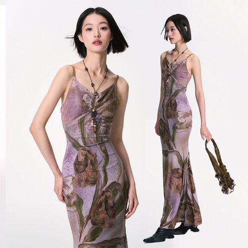 杨二大梦中式花朵印花串珠连衣裙