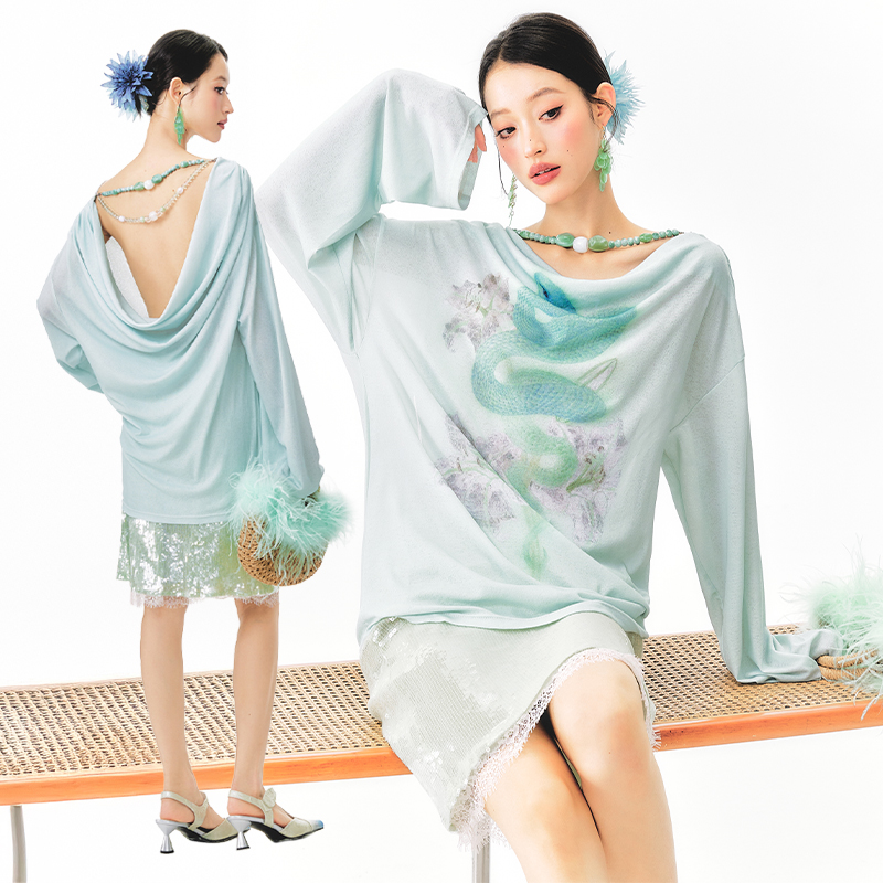 长袖小众设计感度假印花罩衫女