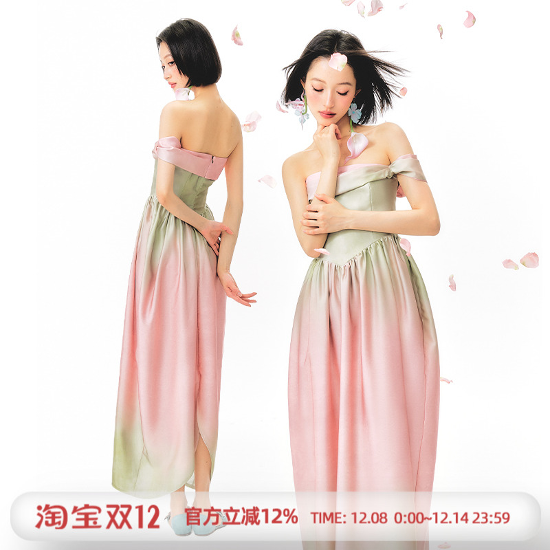 杨二大梦原创粉渐变郁金香花苞抹胸连衣裙2025夏季新款高级感裙子