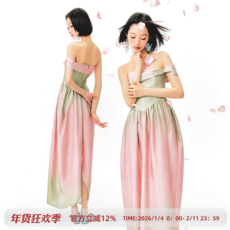 杨二大梦原创粉渐变郁金香花苞抹胸连衣裙2025夏季新款高级感裙子,女装/女士精品,连衣裙,淘宝优惠券,粉丝福利购,淘宝优惠卷