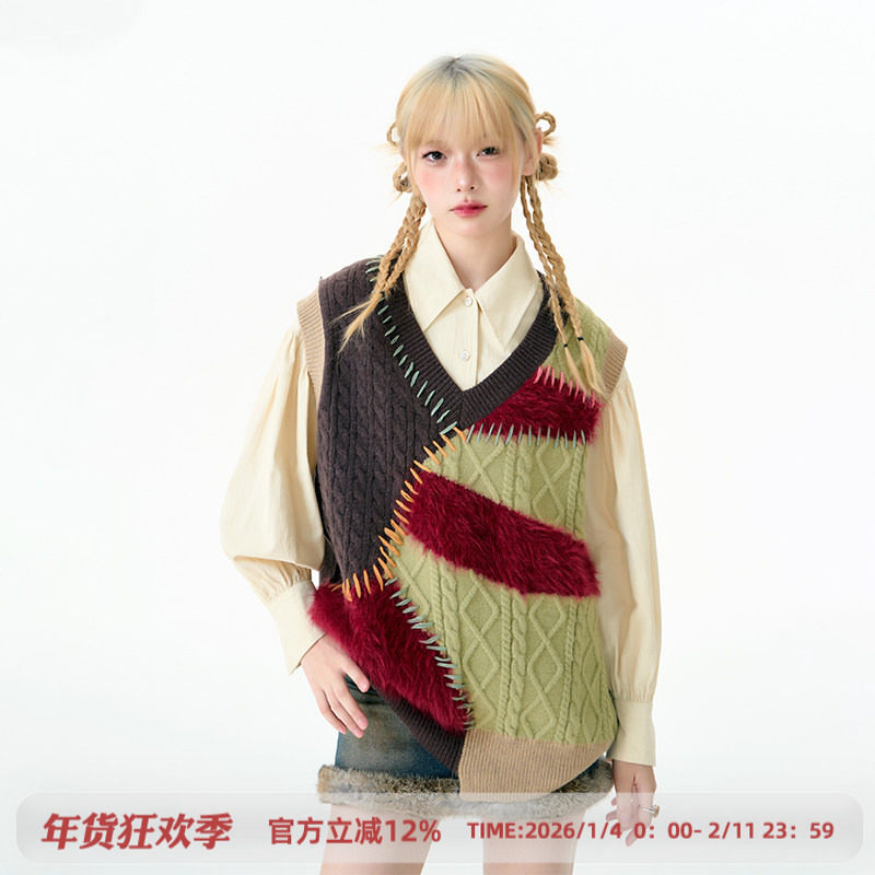 杨二大梦原创拼色毛衣麻花手工缝线马甲女冬季新款2025针织马夹,女装/女士精品,马夹,淘宝优惠券,粉丝福利购,淘宝优惠卷