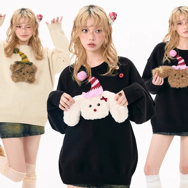 杨二大梦圆领彩色扣圣诞小狗毛衣