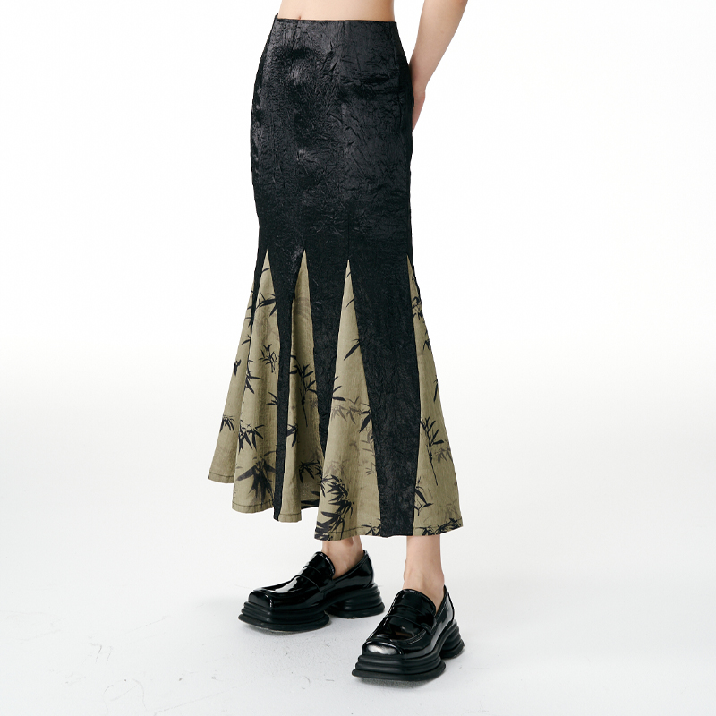 杨二大梦竹叶拼接鱼尾半身裙裙