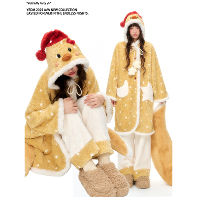 杨二大梦原创波点小黄鸡开衫睡裙女2025冬季加绒加厚少女睡袍斗篷