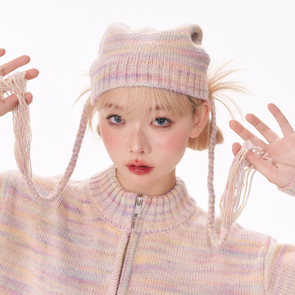 杨二大梦彩虹针织毛线帽