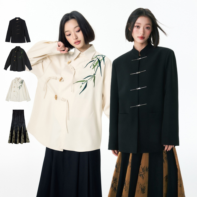 杨二大梦新中式西装竹叶刺绣衬衫鱼尾裙
