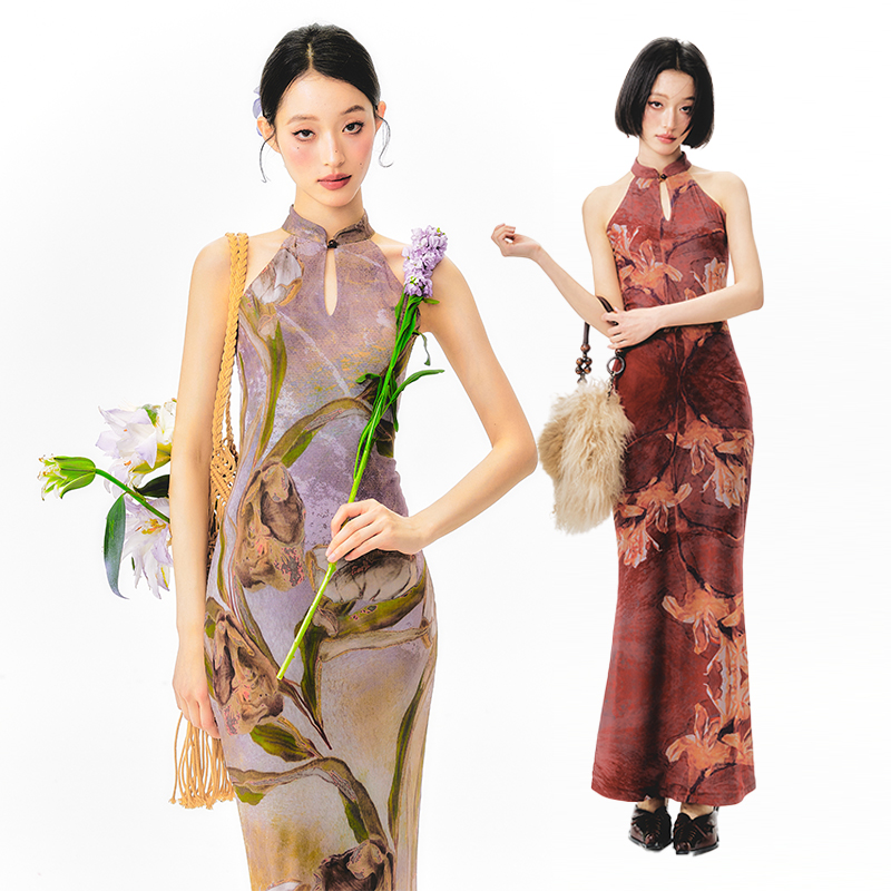 杨二大梦原创花卉印花挂脖连衣裙