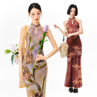 楊二大夢(mèng)原創(chuàng)花卉印花掛脖連衣裙