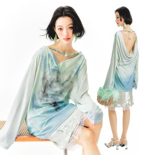 杨二大梦原创艺术家合作款蓝色蝴蝶印花荡领串珠长袖T恤设计罩衫