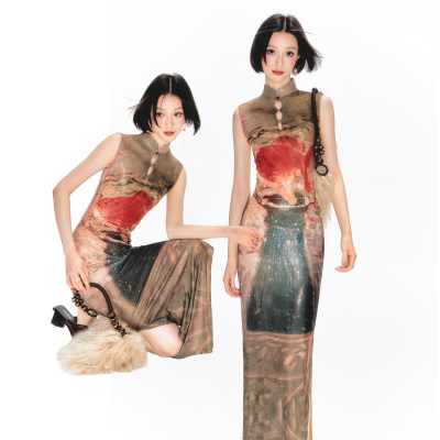 杨二大梦x白洲插画师合作款新中式金鱼旗女长款旗袍裙印花连衣裙