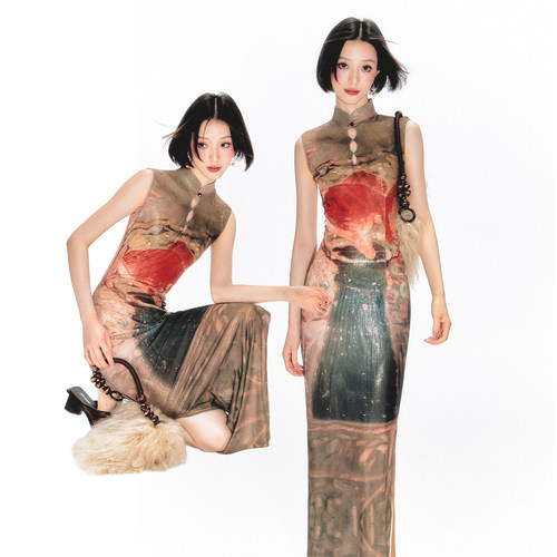 杨二大梦x白洲插画师合作款新中式金鱼旗女长款旗袍裙印花连衣裙