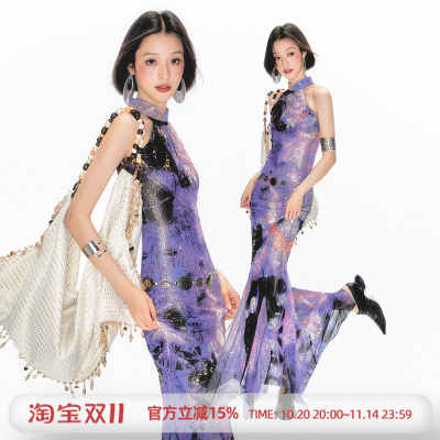杨二大梦新中式紫色旗袍连衣裙
