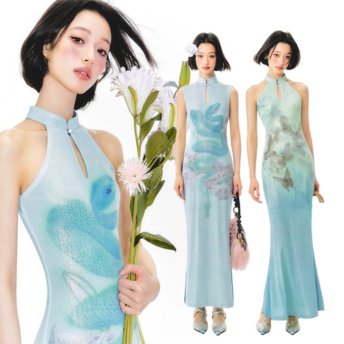 杨二大梦新中式印花蓝蛇旗袍连衣裙